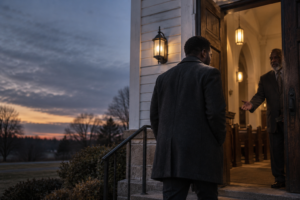 A Black man stands at the entrance of a small church at dusk while an older church leader extends a welcoming hand from the warmly lit doorway. The scene symbolizes exclusion, intervention, and the choice to create belonging.